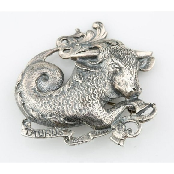 Sterling Silver Taurus Brooch by Guglielmo Cini Zodiac Bull Astrology Pin Back - Picture 1 of 4
